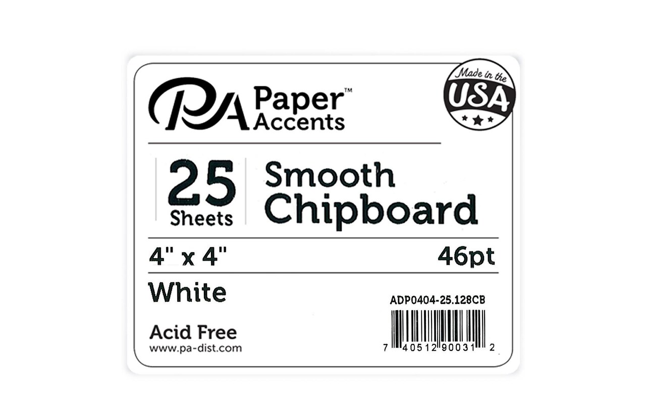 Accent Design Paper Accents Chipboard Squares - 4" x 4" Heavy 46pt White, 25 Pack - Archival Chipboard for Mini Albums, Journals & Crafts - Recycled Paper